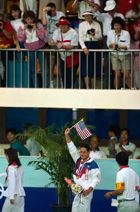 Framed Print : Greg Louganis Waving American Flag Framed Print : Greg Louganis Waving American Flag