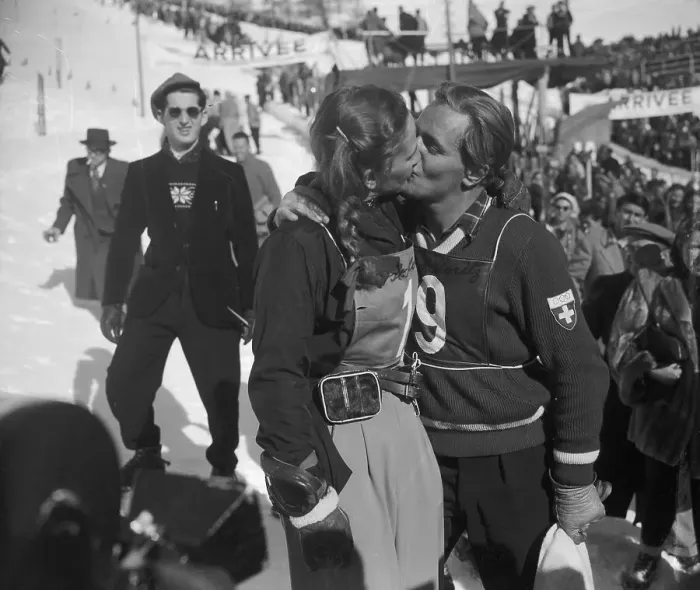 Framed Print : Gretchen Fraser Kissing Reinalter at Olympics Framed Print : Gretchen Fraser Kissing Reinalter at Olympics