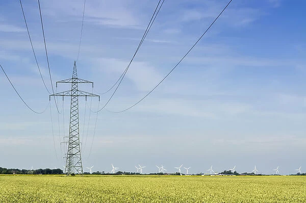 Grid connection and electricity feed-in of onshore wind energy, 110 kV high-voltage electricity line in the Gotteskoog polder near Niebuell, a wind farm at the back, district of North Frisia, Schleswig-Holstein, Germany, Europe