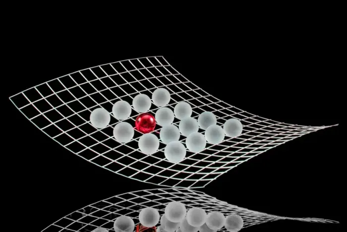 Framed Print : Grid with many white balls and a red ball, symbolic image for networks Framed Print : Grid with many white balls and a red ball, symbolic image for networks