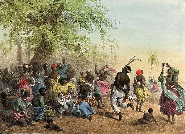 A group of black slaves dancing in the Dou, contains musical instruments such as maracas and drums, 1839, Suriname, Historic, digitally restored reproduction from a 19th century original