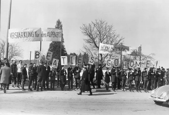 Framed Print : Group Carrying Beatles Go Home Sign Framed Print : Group Carrying Beatles Go Home Sign