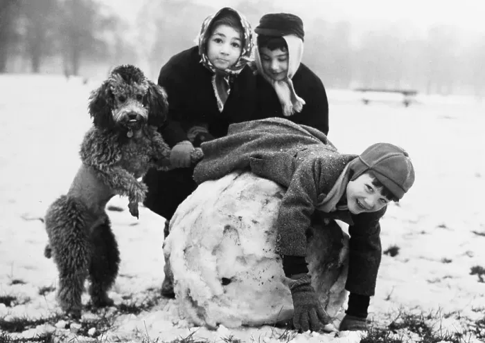 Framed Print : Group of children (8-9) and dog posing with huge snow ball Framed Print : Group of children (8-9) and dog posing with huge snow ball