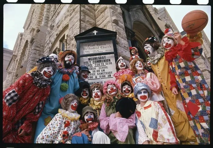 Framed Print : Group of Clowns Standing Outside a Church Framed Print : Group of Clowns Standing Outside a Church