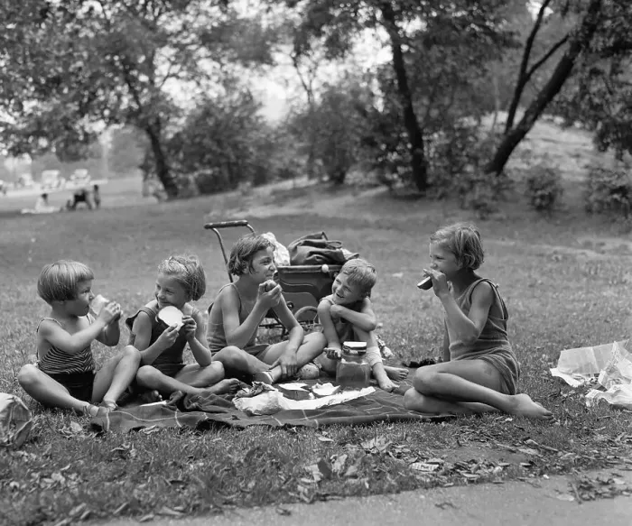 Framed Print : Group of girls (6-7) and boys (8-9) in picnic