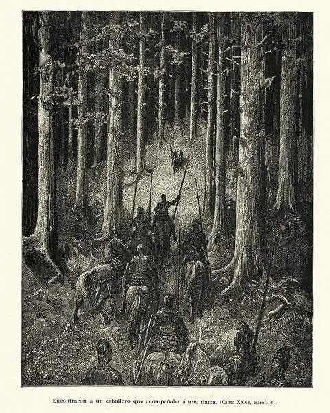 Group of knights riding through a dark forest, Medieval fantasy