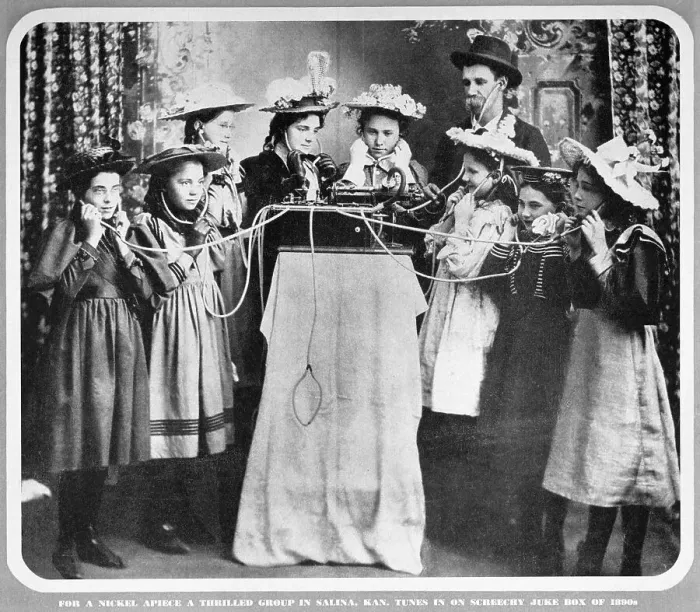 Framed Print : Group Listens to Juke Box Framed Print : Group Listens to Juke Box