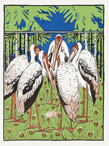 Group of marabou stork in forest around egg decorative art nouveau 1897