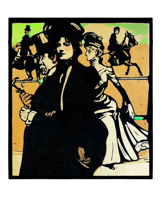 Framed Print : Group of people at horse racing in London art nouveau illustration 1898
