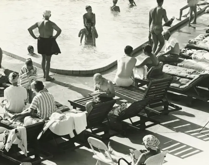 Framed Print : Group of people at swimming pool, (B&W), elevated view
