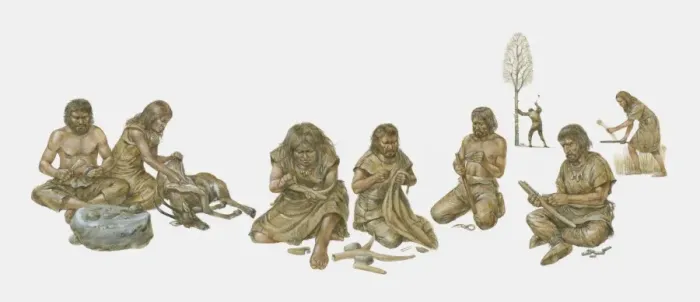 Framed Print : Group of prehistoric people shown making and using primitive tools, including handaxes, burins, flints Framed Print : Group of prehistoric people shown making and using primitive tools, including handaxes, burins, flints