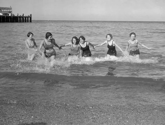 Framed Print : Group of young woman in sea holding hand, Santa Catalina Island, California, USA. March 03, 1932 Framed Print : Group of young woman in sea holding hand, Santa Catalina Island, California, USA. March 03, 1932
