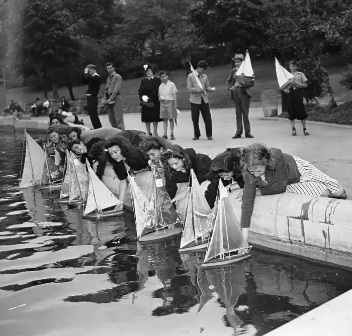 Framed Print : Group of young women with model yachts, Brooklyn School Regatta, Central Park Lake, Manhattan, New York City, New York State, USA. June 12, 1941