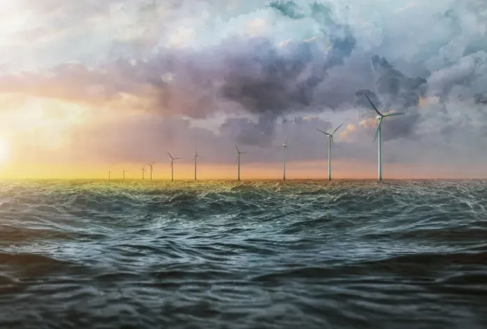 Framed Print : Groupf of wind turbines on the sea at sunset Framed Print : Groupf of wind turbines on the sea at sunset