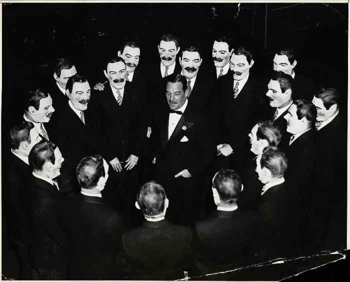 Framed Print : Grover Whalen in Circle of Masked Men Framed Print : Grover Whalen in Circle of Masked Men