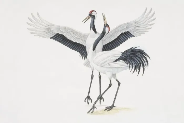 Framed Print : Grus japonensis, two Japanese Red Crowned Cranes, one bending its neck backwards and the other flapping its wings, side view