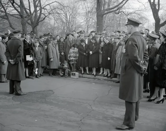 Framed Print : Guarded Citizens Standing Outside Capitol to Hear Winston Churchill on Intercom Framed Print : Guarded Citizens Standing Outside Capitol to Hear Winston Churchill on Intercom