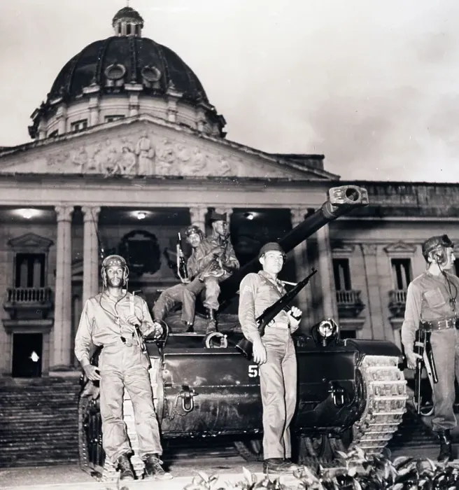 Framed Print : Guards with Tank Outside Government Palace Framed Print : Guards with Tank Outside Government Palace