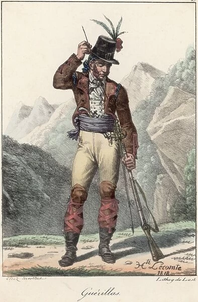 Guerillas. 1818: A Spanish guerrilla stokes his rifle with a long stick