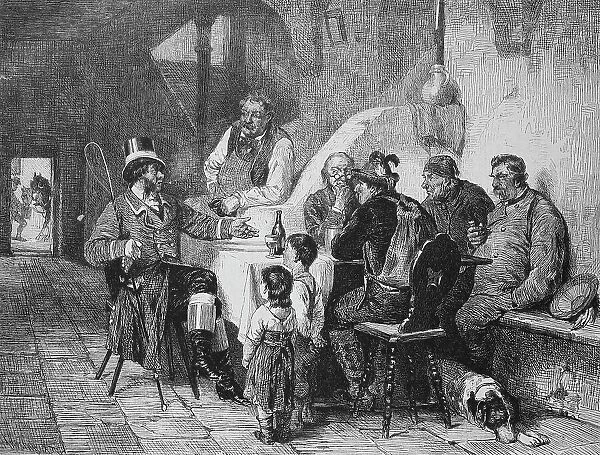 Guests and landlord in alpine traditional costume in an inn around 1888, Austria, Historic, digitally restored reproduction of an original 19th century print