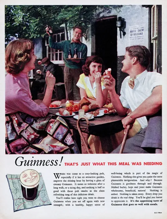 Framed Print : Guinness. 1956: Advertisement for Guinness stout showing friends enjoying Framed Print : Guinness. 1956: Advertisement for Guinness stout showing friends enjoying