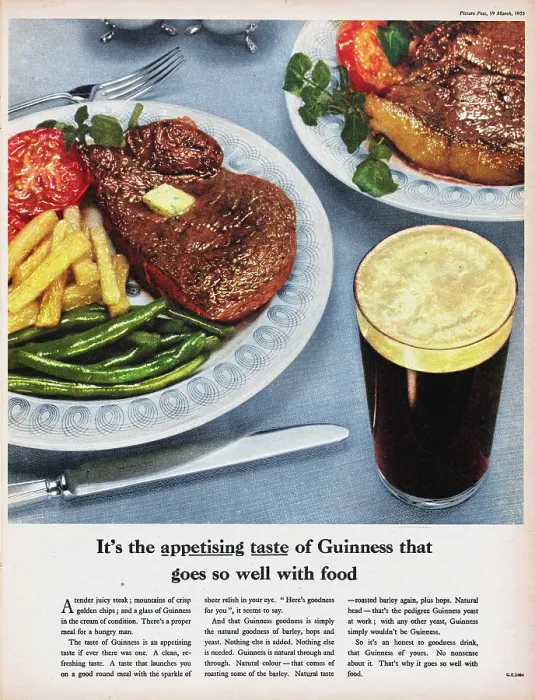 Framed Print : Guinness. 1955: Advertisement for Guinness showing a serving suggestion of steak Framed Print : Guinness. 1955: Advertisement for Guinness showing a serving suggestion of steak