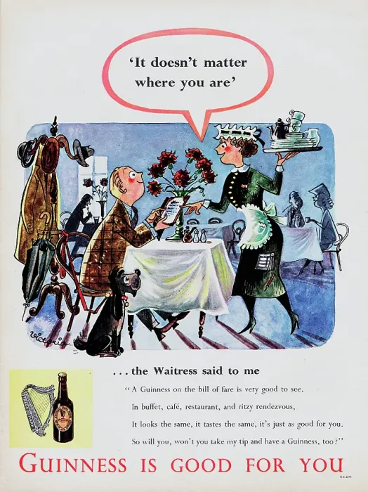 Framed Print : Guinness. 1954: Advertisement for Guinness stout showing a waitress serving Framed Print : Guinness. 1954: Advertisement for Guinness stout showing a waitress serving