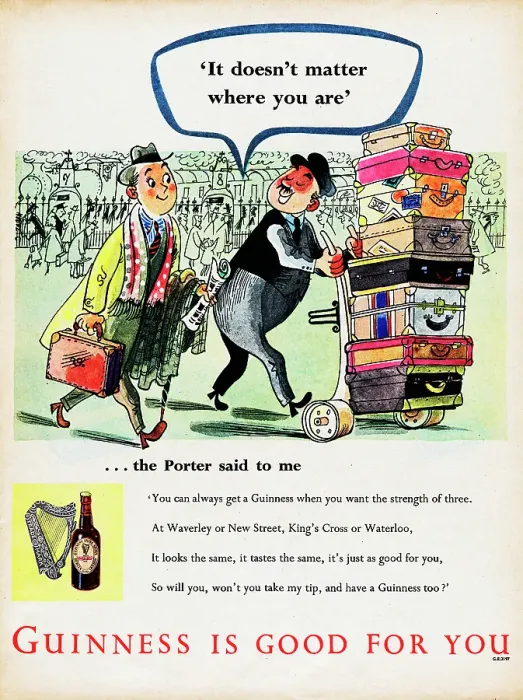 Framed Print : Guinness. 1953: Advertisement for Guinness stout showing a railway station Framed Print : Guinness. 1953: Advertisement for Guinness stout showing a railway station