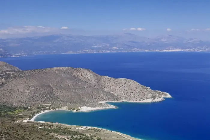 Framed Print : Gulf of Mirabello, aerial view, near Agios Nikolaos, East Crete, Crete, Greece