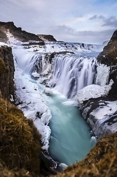 Gullfoss waterfall, with ice and stones, Vik, Iceland