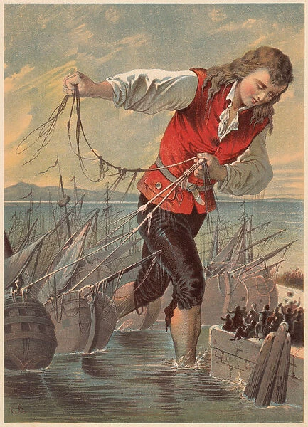 Gulliver captured the enemys fleet by the Blefuscudians, lithograph, c. 1880