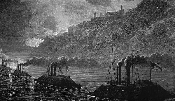 Gunboats. An engraving of gunboats passing through Vicksburg