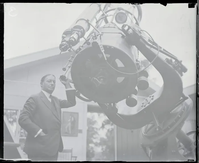 Framed Print : Gustavus Cook Standing with Reflecting Telescope Framed Print : Gustavus Cook Standing with Reflecting Telescope