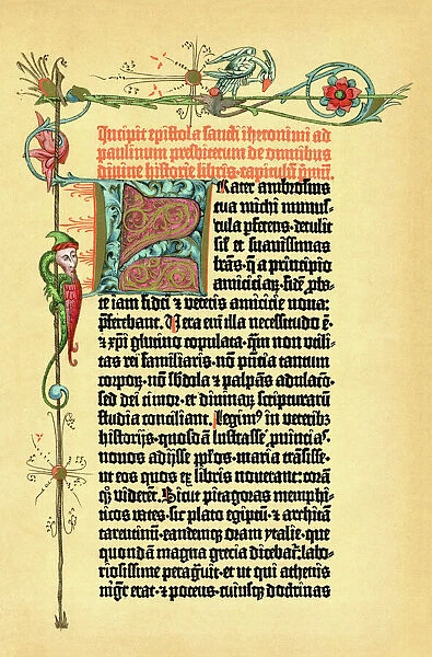 The Gutenberg Bible page with illuminated letter 1898