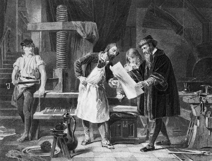 Framed Print : Gutenberg Taking First Proof Framed Print : Gutenberg Taking First Proof