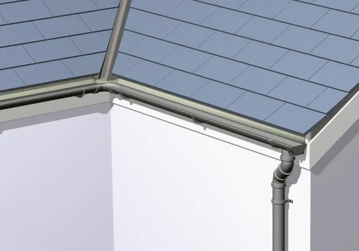 Framed Print : Guttering system on a house, close-up