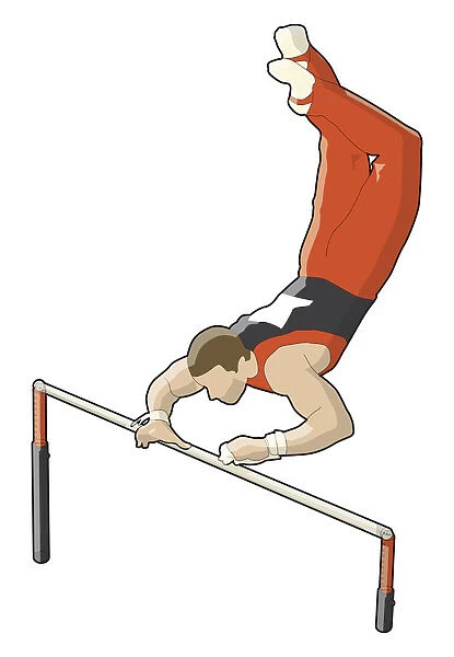 Gymnast holding onto bar with one hand, legs up in the air