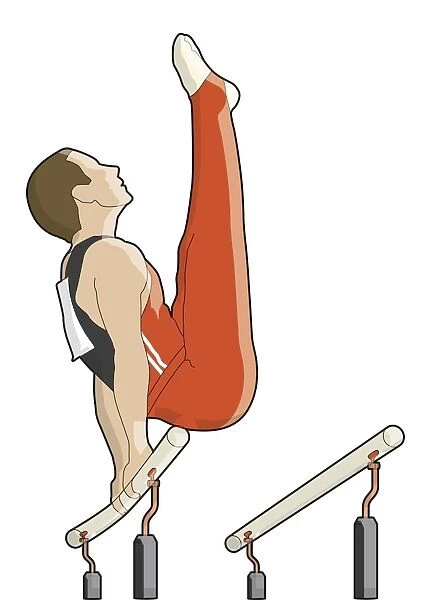 Gymnast holding onto bar with hands behind back, legs straight up in front