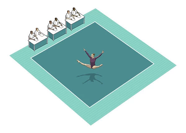Gymnast performing on square rubber floor mat, panel of judges on one side