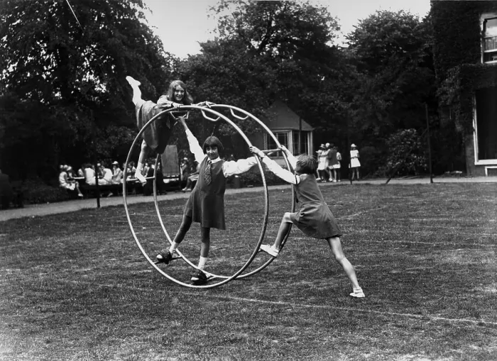 Framed Print : Gyrowheel. July 1929: Gyrowheel gymnastics at a school in Crouch End, London Framed Print : Gyrowheel. July 1929: Gyrowheel gymnastics at a school in Crouch End, London