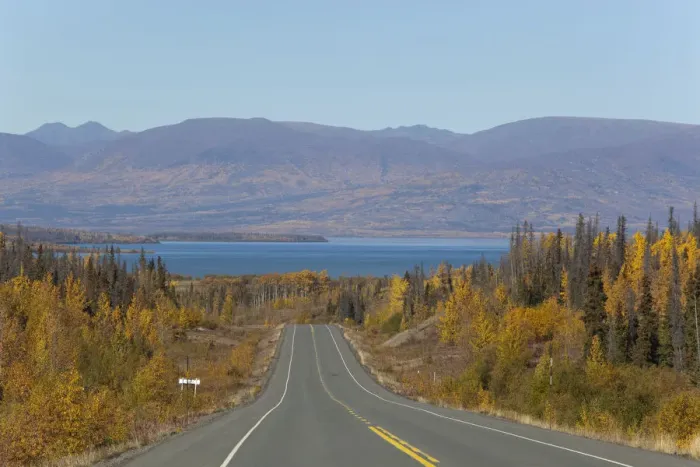 Framed Print : Haines Road towards Haines Pass, Alaska, Dezadeash Lake behind, Indian Summer, leaves in fall colours, autumn, St. Elias Mountains behind, Kluane National Park and Reserve, Yukon Territory, Canada