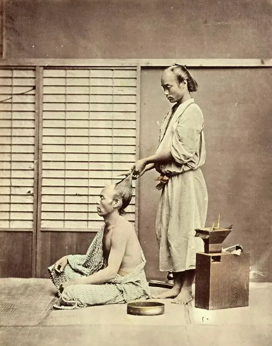 Framed Print : Hairdressing in Japanese style, hairdresser with customer, c. 1880, Japan, Historic, digitally restored reproduction from an original of the period