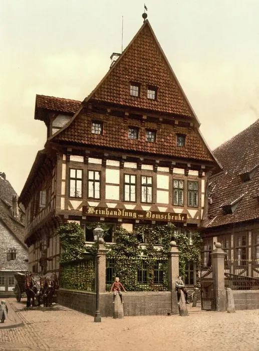 Framed Print : Half-timbered house, wine shop in Hildesheim, Lower Saxony, Germany, Historic, photochrome print from the 1890s Framed Print : Half-timbered house, wine shop in Hildesheim, Lower Saxony, Germany, Historic, photochrome print from the 1890s
