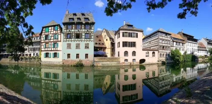Framed Print : Half-timbered houses reflected in the Ill river, Strasbourg, France