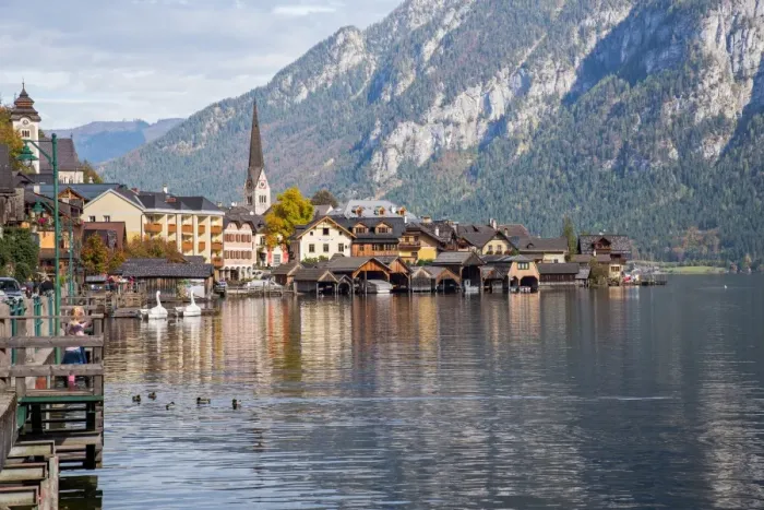 Framed Print : Hallstatt village in Alps at dusk, Austria Framed Print : Hallstatt village in Alps at dusk, Austria