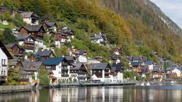 Framed Print : Hallstatt village in Alps at dusk, Austria Framed Print : Hallstatt village in Alps at dusk, Austria