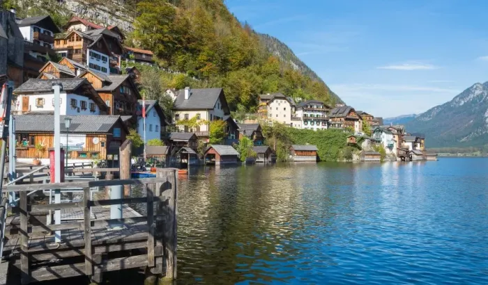 Framed Print : Hallstatt village in Alps at dusk, Austria Framed Print : Hallstatt village in Alps at dusk, Austria
