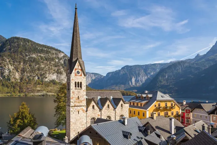 Framed Print : Hallstatt village in Alps at dusk, Austria Framed Print : Hallstatt village in Alps at dusk, Austria