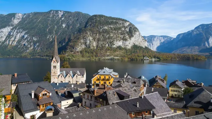 Framed Print : Hallstatt village in Alps at dusk, Austria Framed Print : Hallstatt village in Alps at dusk, Austria