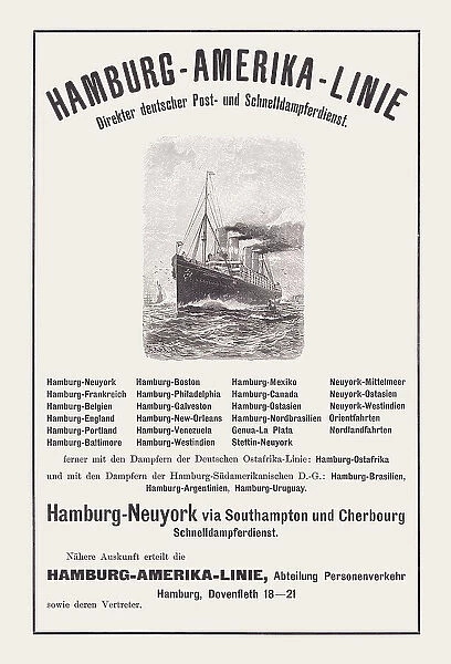 Hamburg America Line, Historical advertisement plakat, wood engraving, published 1900